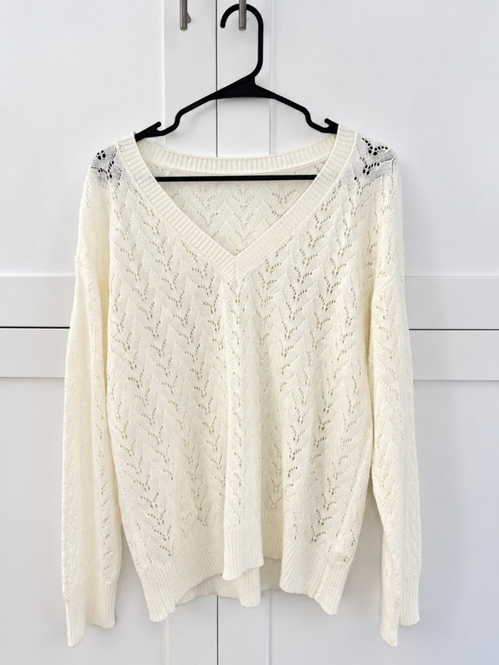 Cupshe | Ivory Pointelle Knit V-Neck Sweater - Size Large